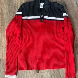 Vtg St. John’s Bay Stripe Zip Mock Neck Ribbed Sweater Black, White & Red Boys M